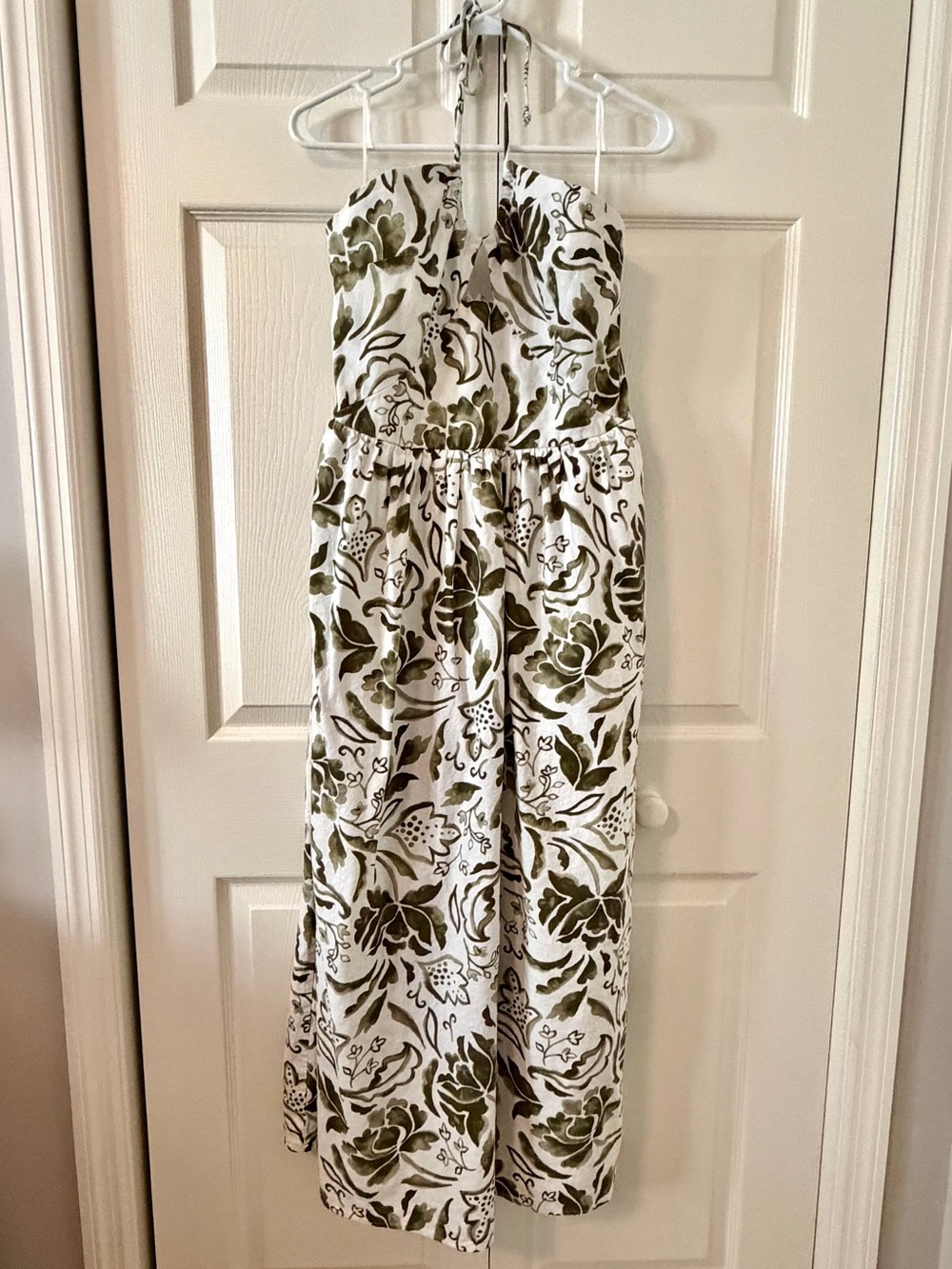 STATE Olive and White Smocked Floral Maxi Dress